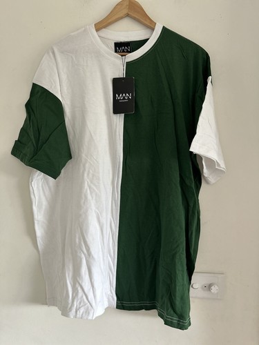 Boohoo Man Colour Block Oversized Mens T Shirt Medium Green White - Picture 2 of 11
