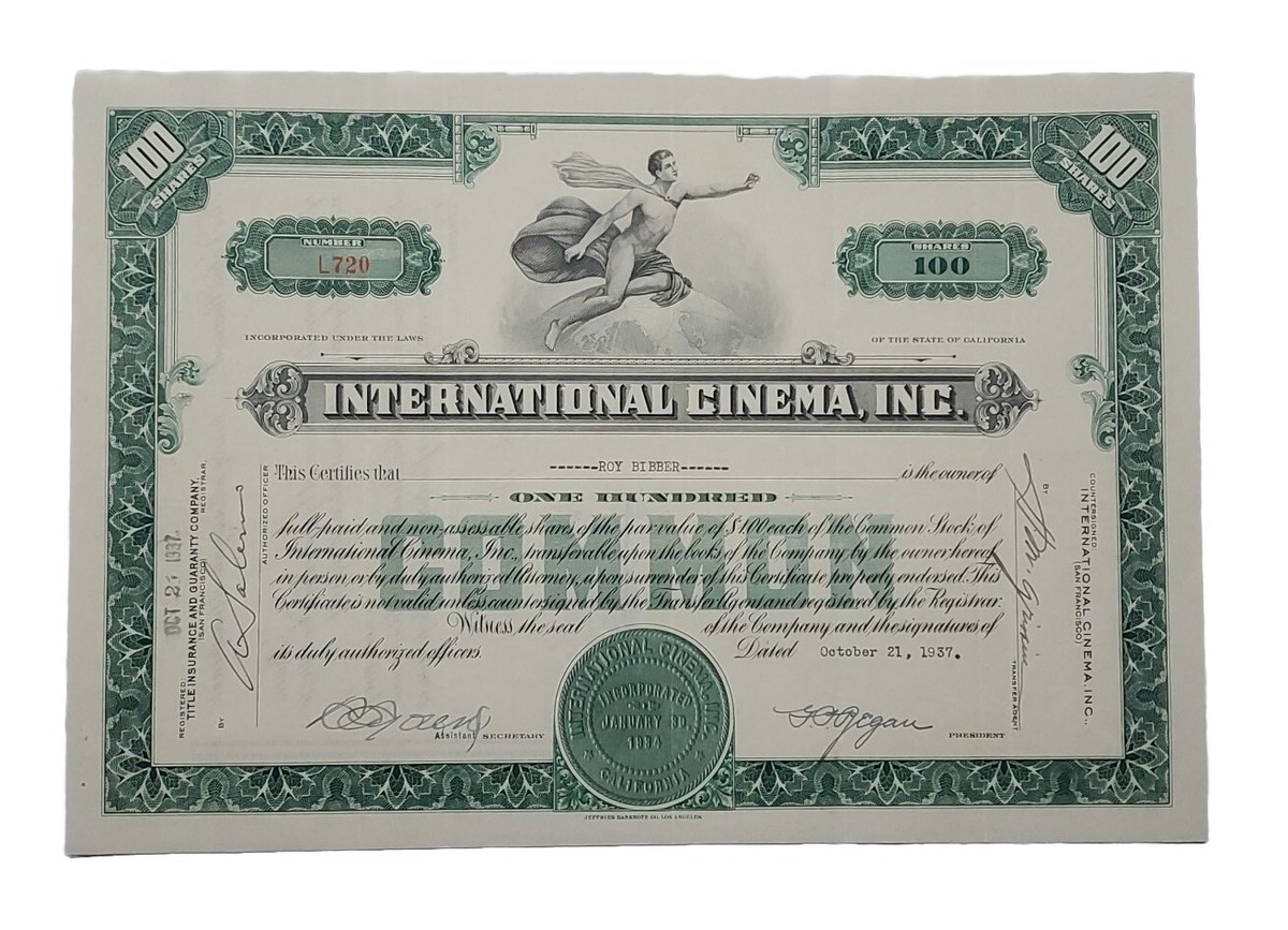 1937 International Cinema, Inc Stock Certificate #L720 Issued To 