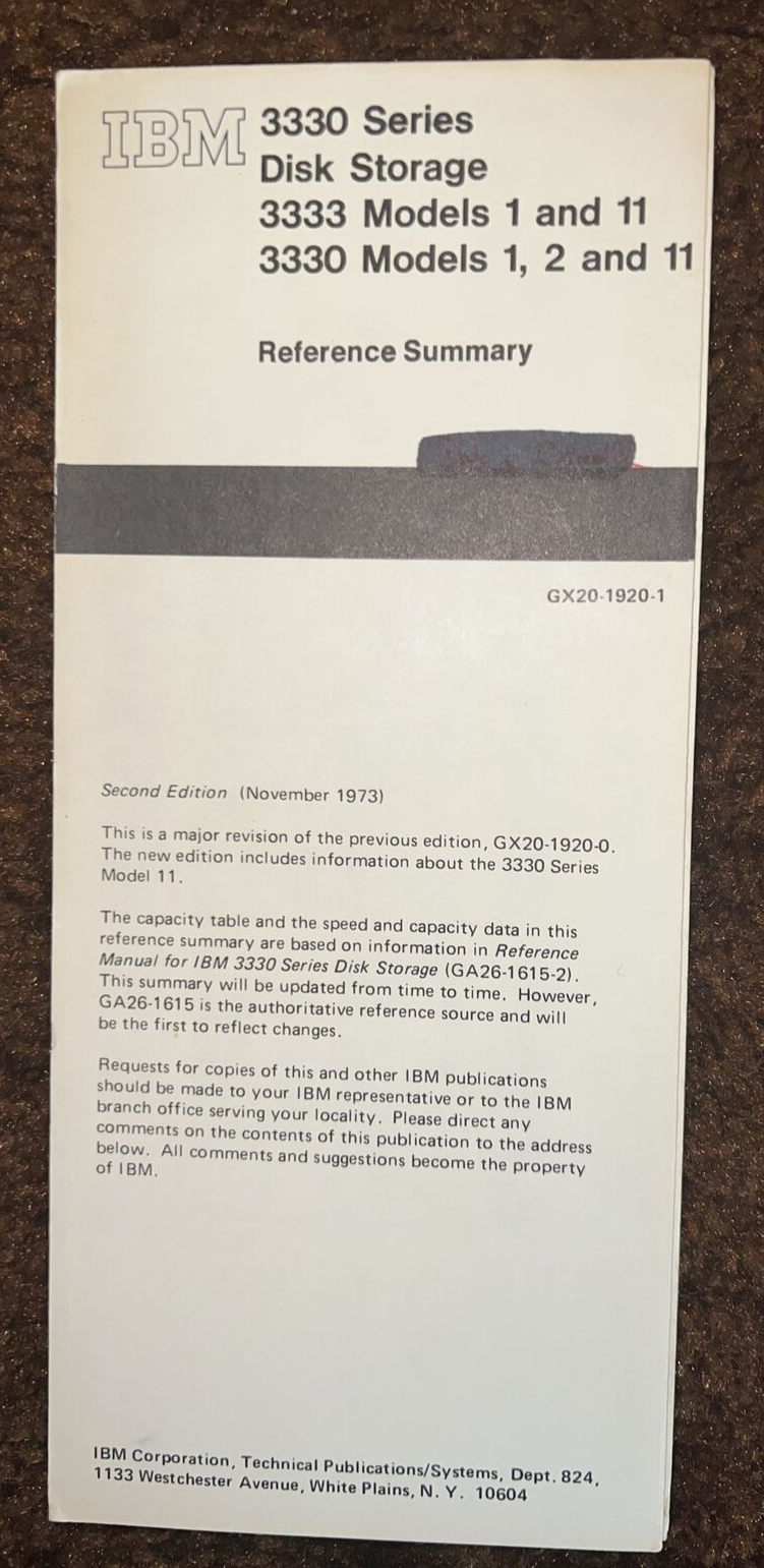 Vintage IBM 3330 Series Disk Storage Reference Summary 1973 | eBay
