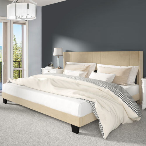 King Size Bed Frame Heavy Duty Velvet Upholstered Platform w/ Tufted Headboard