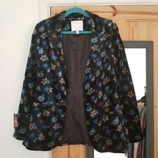Anthropologie Black Velvet Cord Blazer Jacket Multicolour Floral Pattern Uk 12