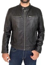 Mens Black Leather Jacket Biker Style Fitted Standing Collar Zip Up Casual Coat