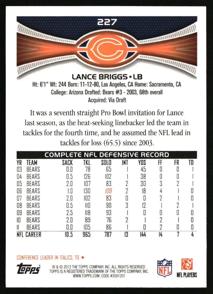 2012 Topps #227 Lance Briggs Chicago Bears - Image 2 of 2