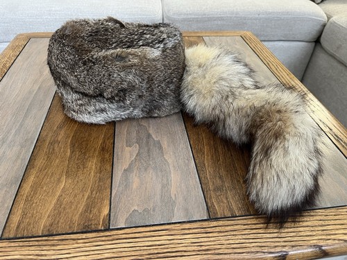 Vintage Brown Rabbit Fur Trapper Hat Mad Bomber Size Large With Tail Winter - Picture 1 of 12