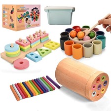 Montessori Toys for 1-3 Year,3 in 1 Wooden Learning Moderate, Rainbow Colors