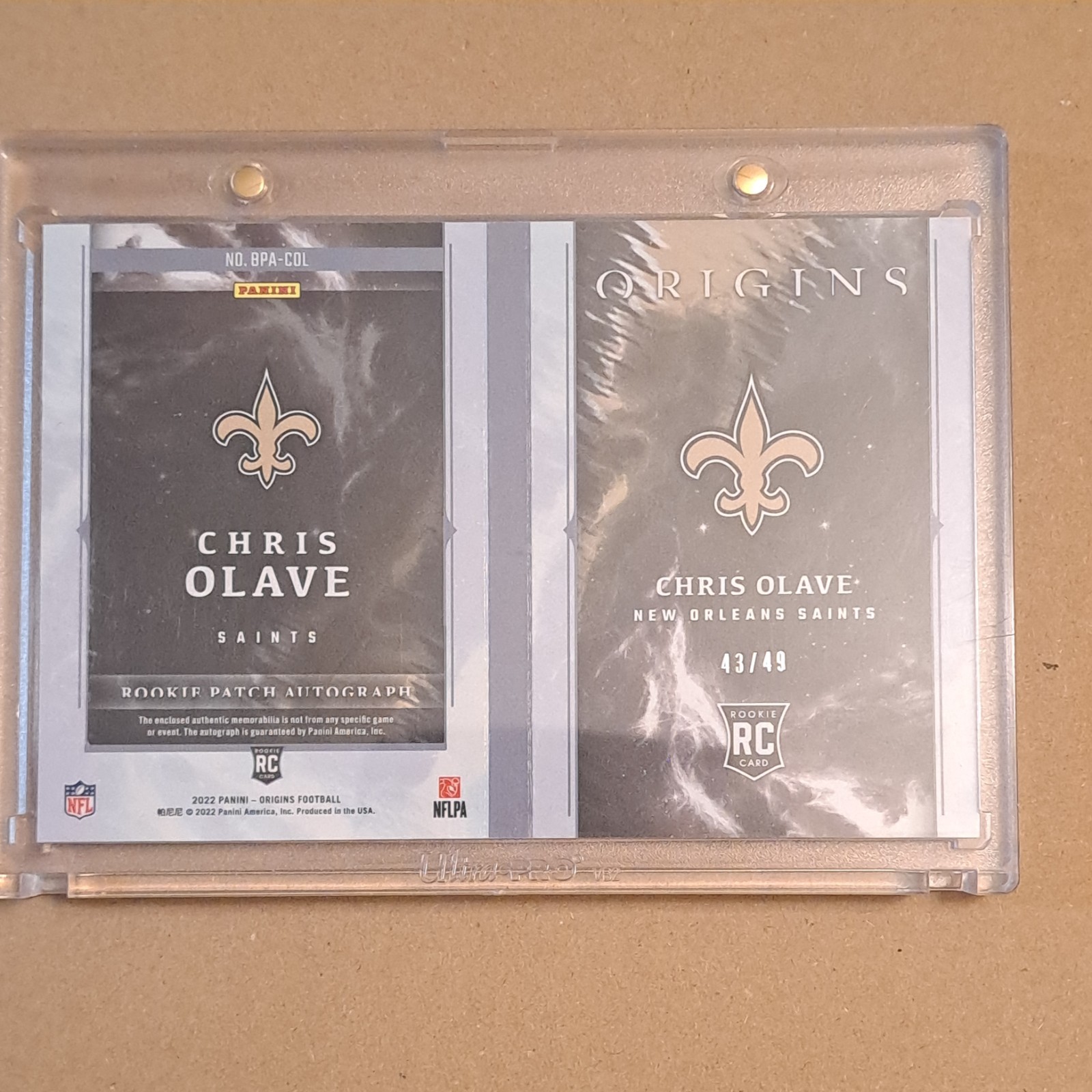2022 PaniniOrigins CHRIS OLAVE Rookie Booklet On Card Patch Auto # 43/49  Saints view 2