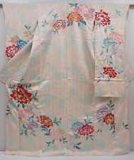 6129T09z1020 Vintage Japanese Kimono Silk FURISODE Peony Off-white
