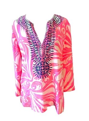 Lily Pulitzer Amelia Island Silk Tunic Blouse Pink White Size Small