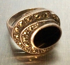 T 49 Argent Massif Ancienne Bague Onyx et Marcassites-Jonc Chevalière-925