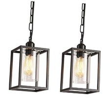 2 Pack Farmhouse Pendant Light,Black Metal Frame Hanging Light 2 pendant light
