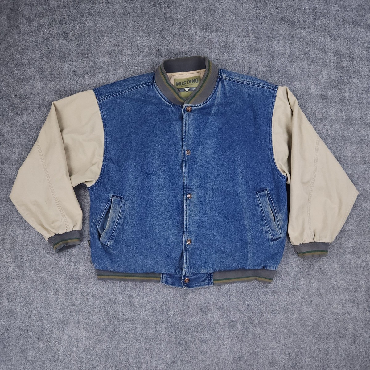 Mustang Jacket Mens XL Blue Denim Beige Canvas Bomber Snap Button - Main Image