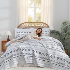 White Boho Quilt Set Queen Size,3 Piece Reversible Style2 Queen92"x96"