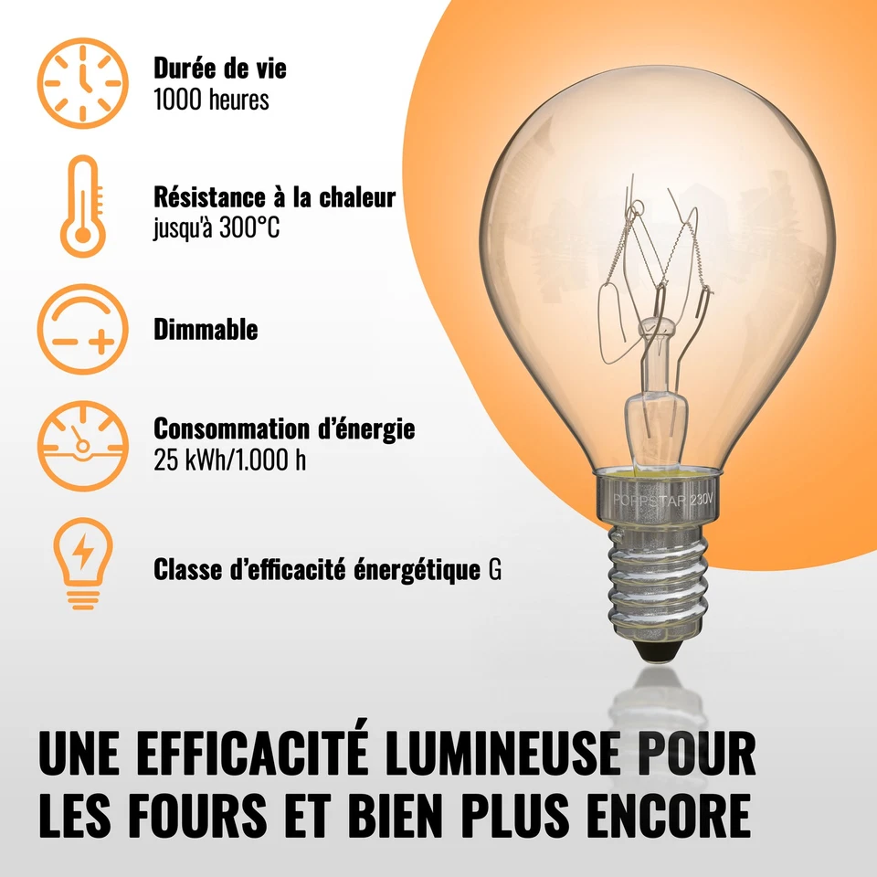 Poppstar 2x Ampoule de Four E14 25W Résistante à 300 °C 2400K blanc chaud 180lm - Photo 3/4