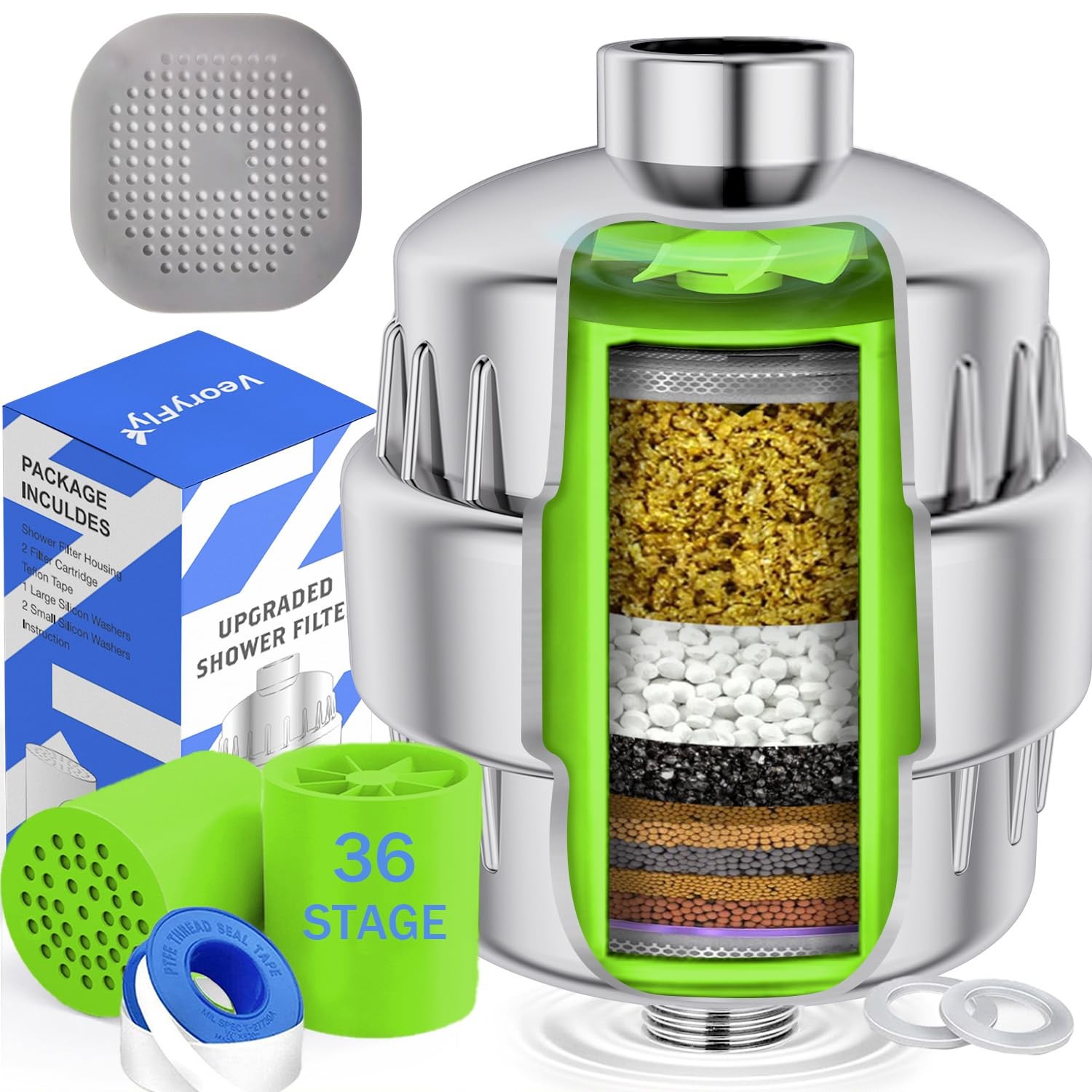 VeoryFly 36 Stage Upgraded Shower Filter with Vitamin C, High Output Silver