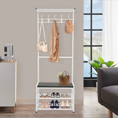 Shoe Rack Bench with Strong Load-bearing Capacity, White Iron Frame, 5 Hooks