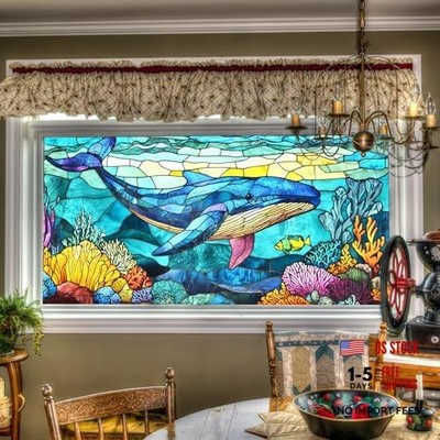 Window Privacy Film Stained Glass Window Decorations 39.3×17.7 Inchs Ocean