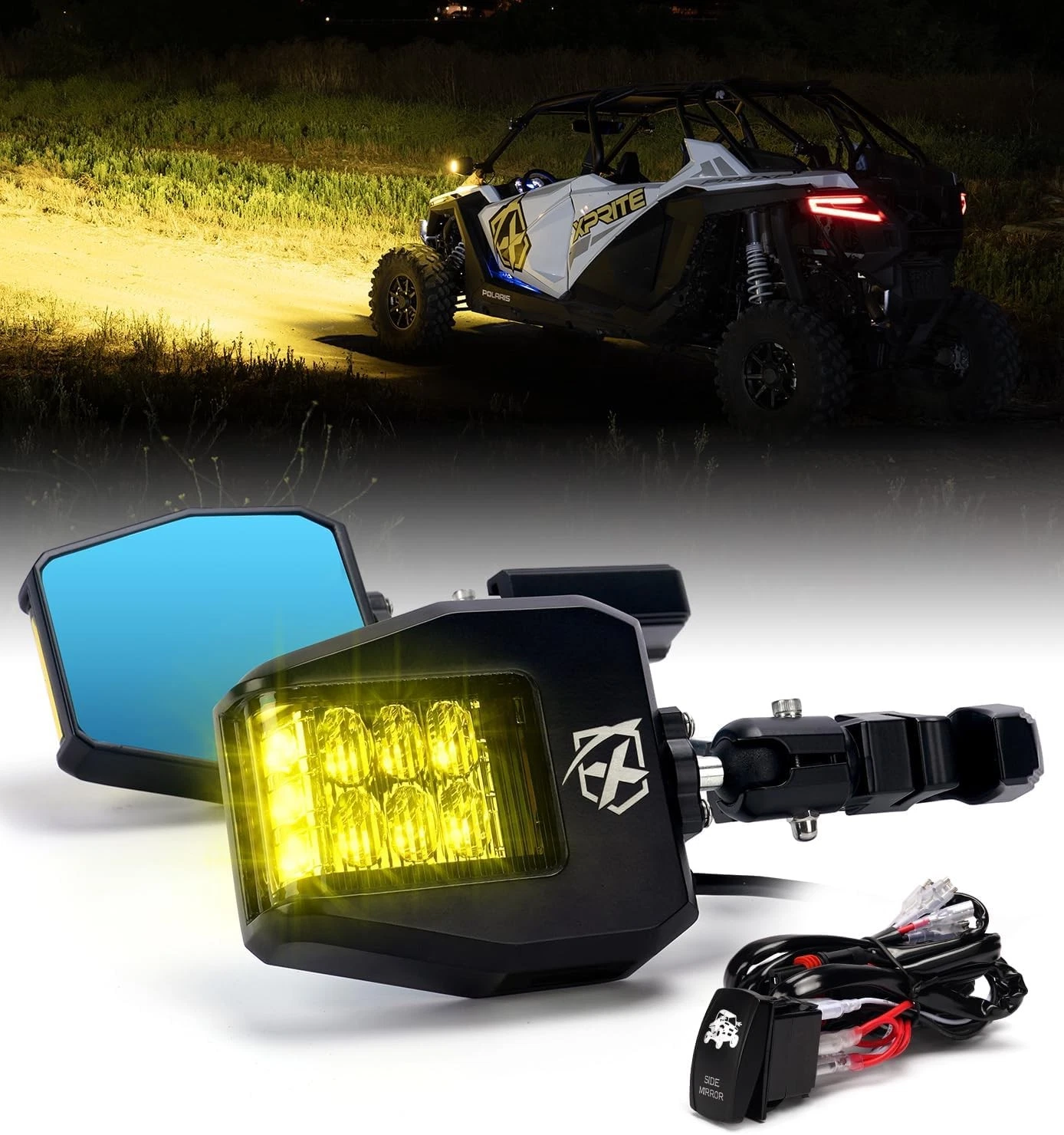 Xprite UTV Side Mirrors 2025 New Aluminum w/Amber LED Spot Light Amber Lens