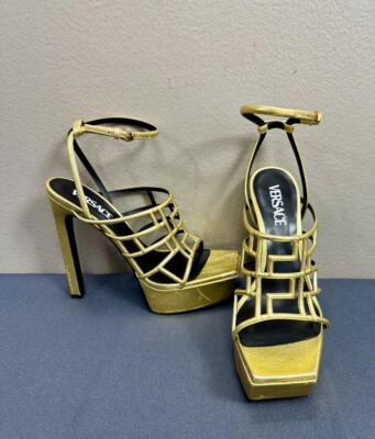 Authentic VERSACE Greca Maze Metallic Gold Leather Sandals Platform Heels 40/ 10
