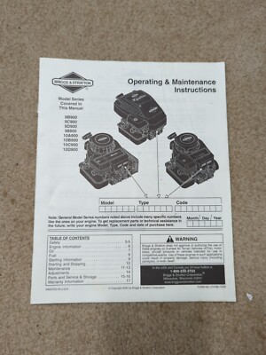 Briggs & Stratton Engine Model 9B&C&D900 98900 + Operating Instructions Booklet