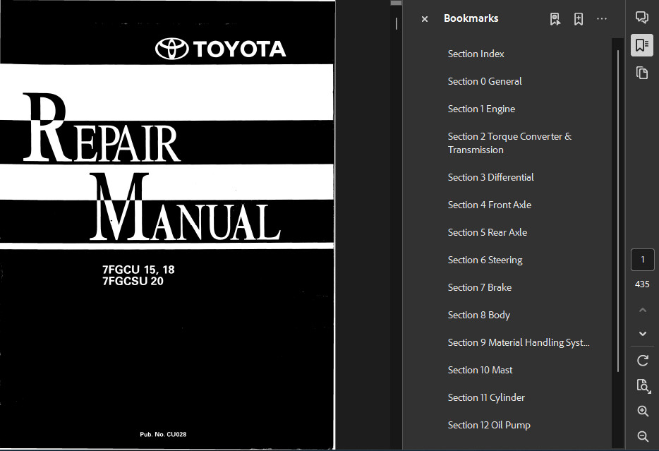 TOYOTA FORKLIFT 7FGCU18 SERVICE PARTS REPAIR SHOP MANUAL PDF FILE ON USB