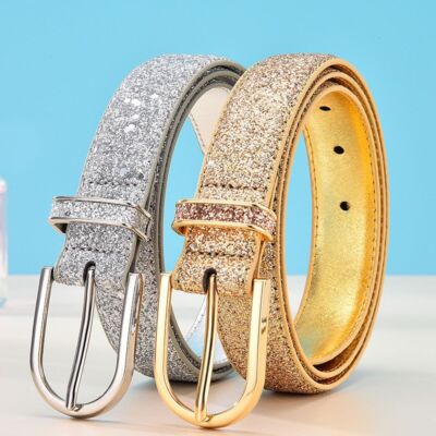 Dress Belts Glitter Leather Belt Gold Silver Waist Strap Pin Buckle