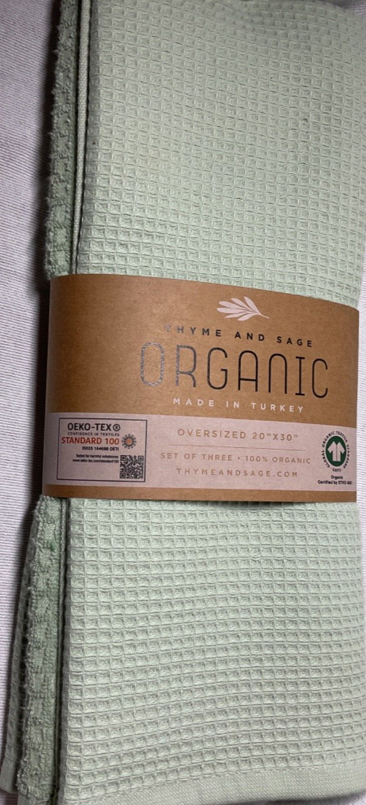 THYME AND SAGE ORGANIC KITCHEN TOWELS (3) GREEN WAFFLE 100% COTTON 20 X 30 NWT