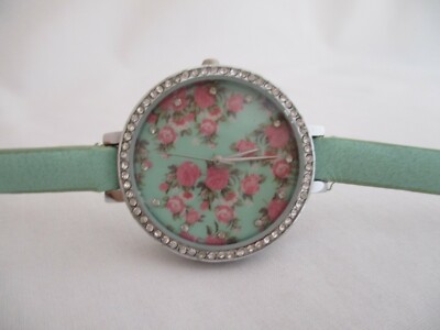 Wristwatch Silver Tone Rhinestones Floral Rose Theme Face Teal Buckle Band