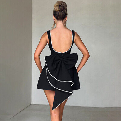 パーティードレス Back Bow Mini Dress Elegant Pearl Bow Backless Short Dress Women Sleeveless