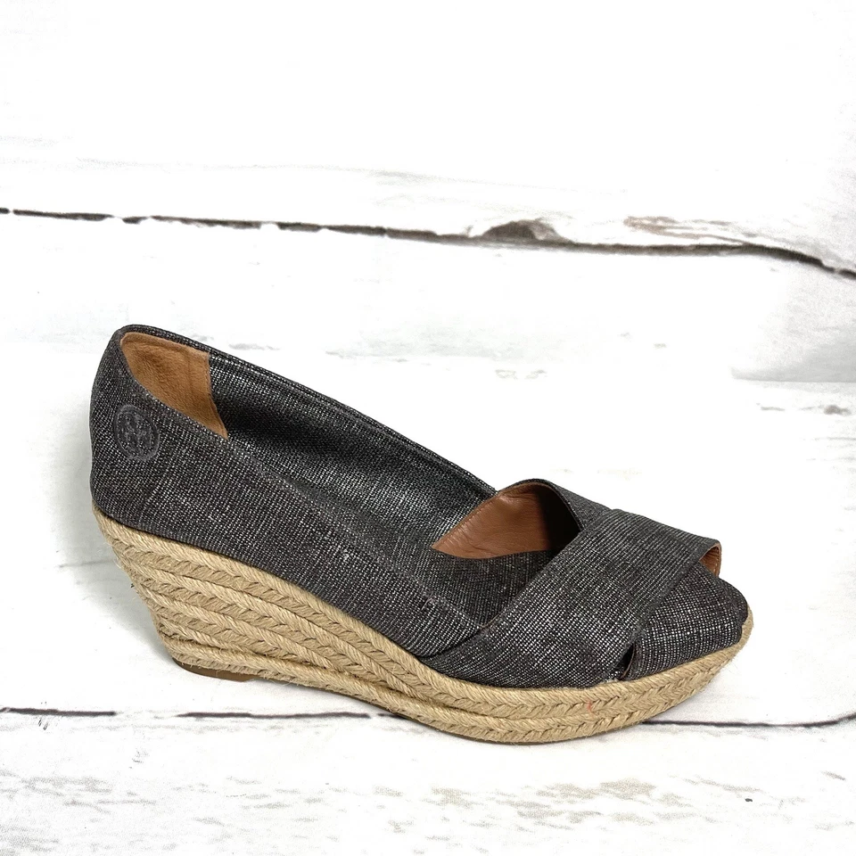 Zapatos Tory Burch Filipa para mujer 9.5B alpargatas de peltre punta abierta cuñas Foto 3 de 4