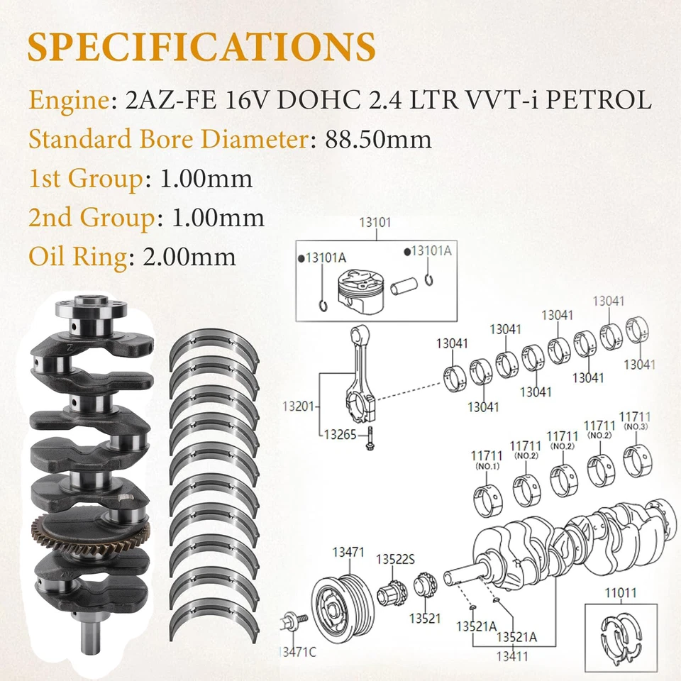 Kit de rodamientos de varilla de cigüeñal STD para Toyota Camry Rav4 Scion tC xB 2AZFE 2AZ 2,4 L Foto 2 de 4