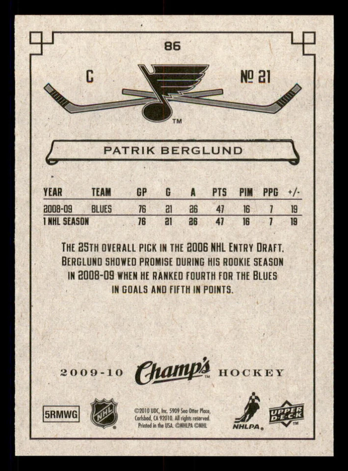 2009-10 Upper Deck Champ's Red #86 Patrik Berglund St. Louis Blues - Image 2 of 2