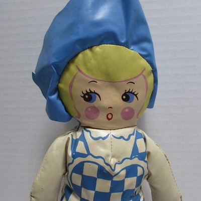 Vtg 50 s  MCM Oilcloth Stuffed Girl Doll Blue Polka Dot Swimsuit 10''