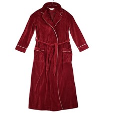 Vintage Pierre Cardin Red Velour Robe M Belted White Piping Long Lounge USA
