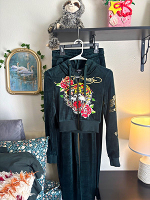 Ed Hardy Women's Green Velour Tiger Graphic Tracksuit Hoodie Pants XS Zip