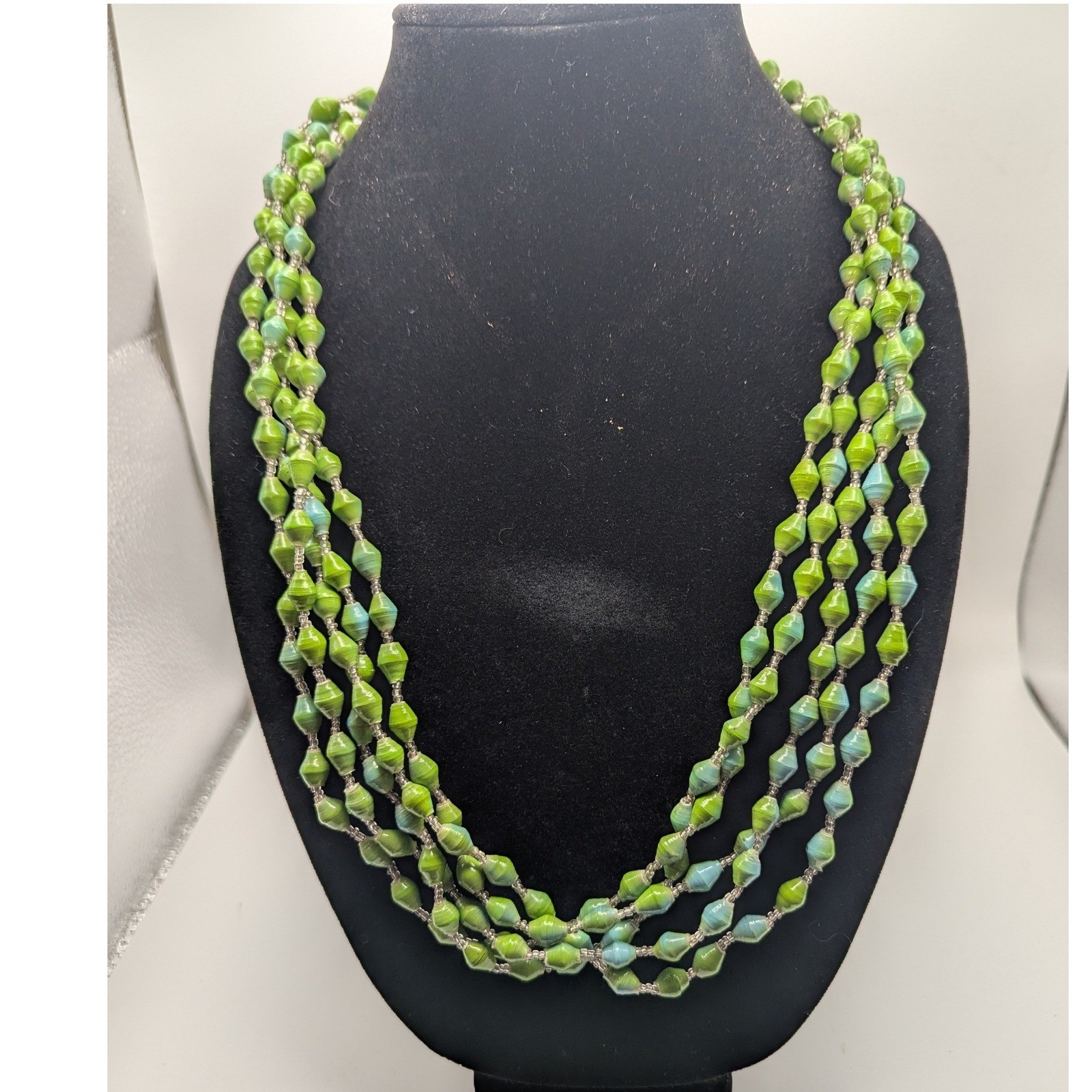 Multi Strand Green Paper Bead Statement Womens Ne… - image 1