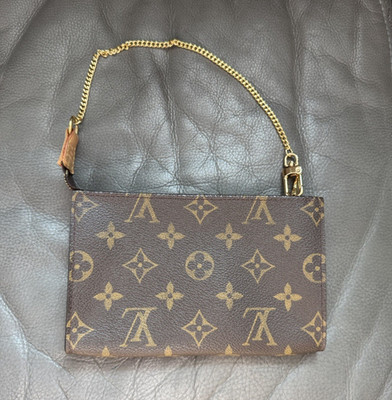 Louis Vuitton Monogram Brown Small Wristlet Zip Pouch w/ Gold Chain Strap