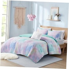 Queen Boho Watercolor Tie-Dye Coverlet Set, Casual  Full/Queen Aqua Quilt Set
