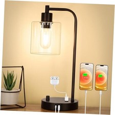 Industrial Table Lamp with USB A C Ports and Outlet, Fully Stepless Matte Black