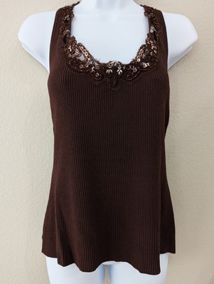 Cache Women's vintage  brown color beaded tank top   sz Large