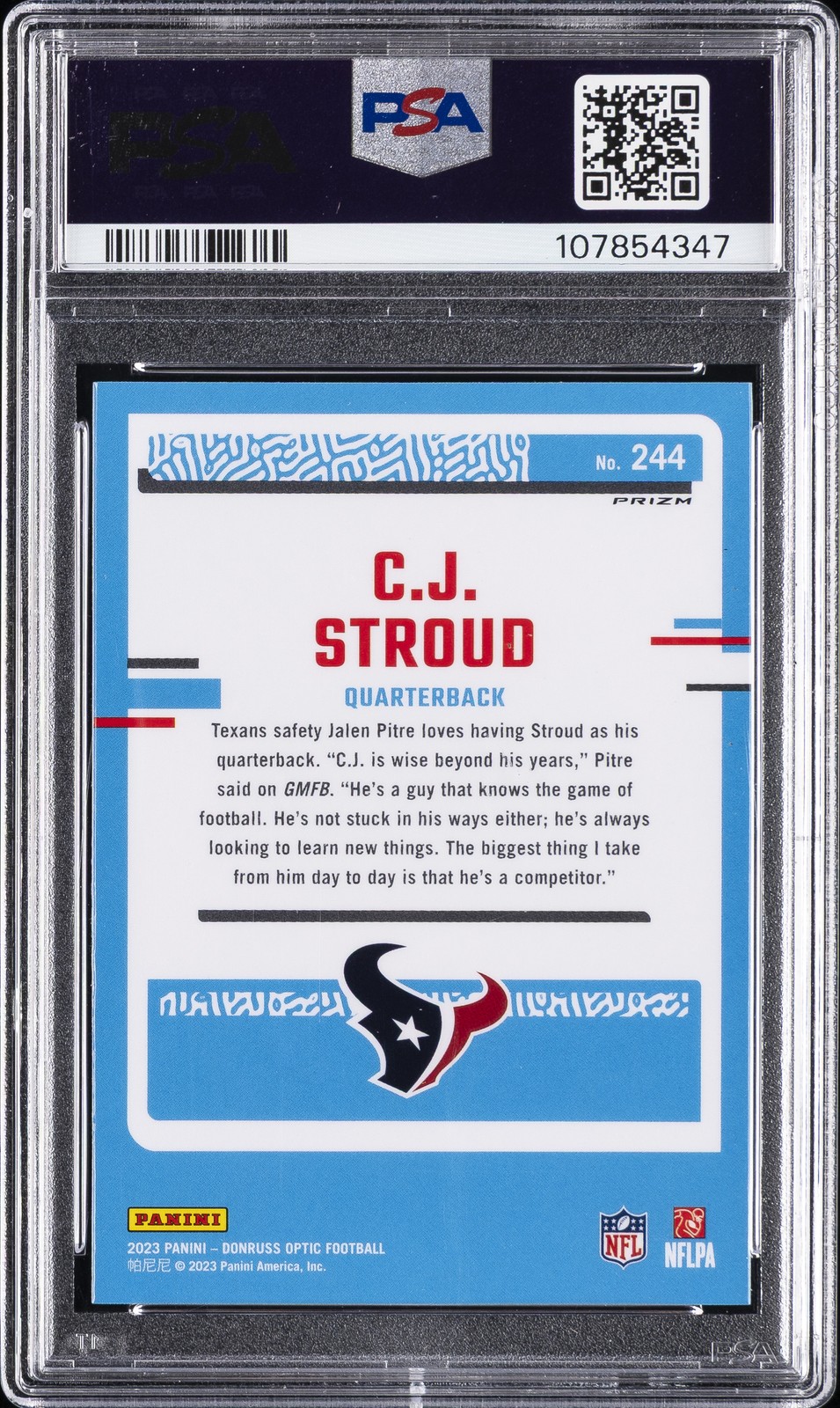 2023 PANINI DONRUSS OPTIC BLUE GLITTER #244 CJ STROUD ROOKIE RC PSA 10 view 2