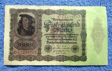 BIG OLD BANKNOTE OF GERMANY (WEIMAR REPUBLIC) 50,000 MARK 1922 BERLIN~BRAUWEILER