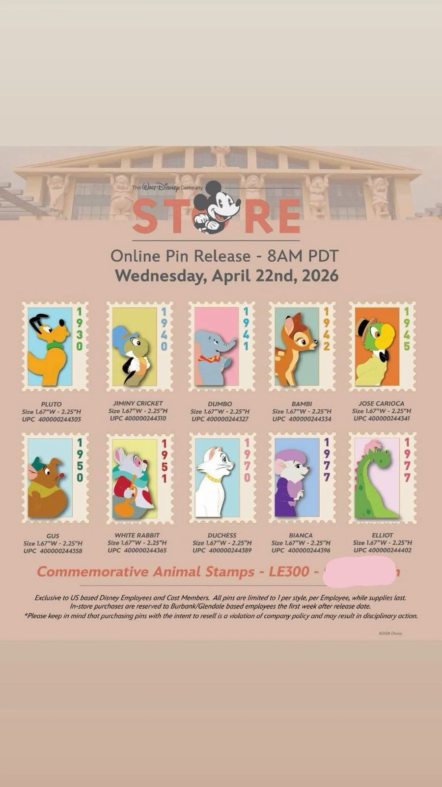 Disney DEC TWDC Commemorative AnimalStamps LE 300 Pins Full Set