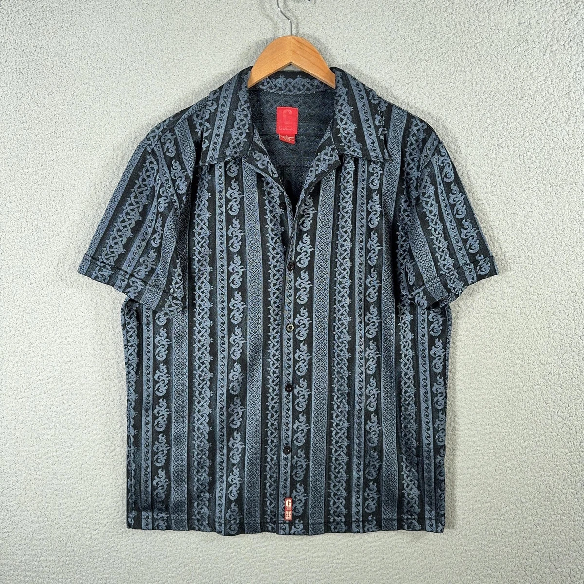 Camisa Guess De Colección Para Hombre Grande Negra Rayas Jacquard Abotonada Años 90 Y2K Disco