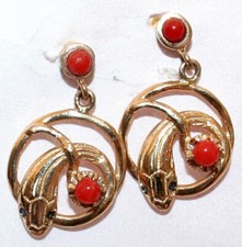 ANTIQUE BEAUTIFUL 14ct GOLD RED CORAL SAPPHIRE FINE SNAKE DANGLE STUD EARRINGS