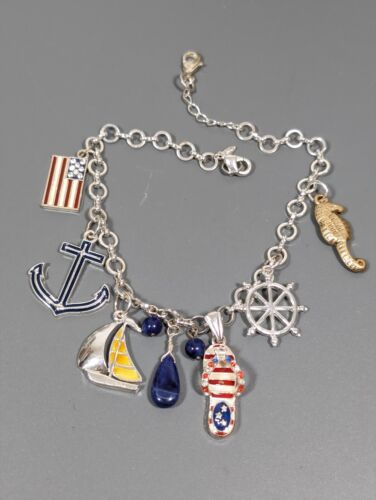 Avon Patriotic Summer Sandal Nautical Anchor Flag Charm Ankle Bracelet 11 inch