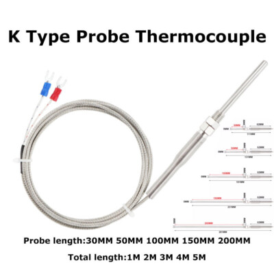 K-Type Thermocouple Probe - Stainless Steel, Waterproof, 0-600°C Range, 5x300mm Probe & 10ft Cable
