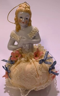 Antique Half Doll Porcelain Girl with Skirted Pin Cushion
