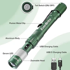 EverBrite Pen Light 300 Lumens Zoomable LED Small Flashlight with Clip Green New