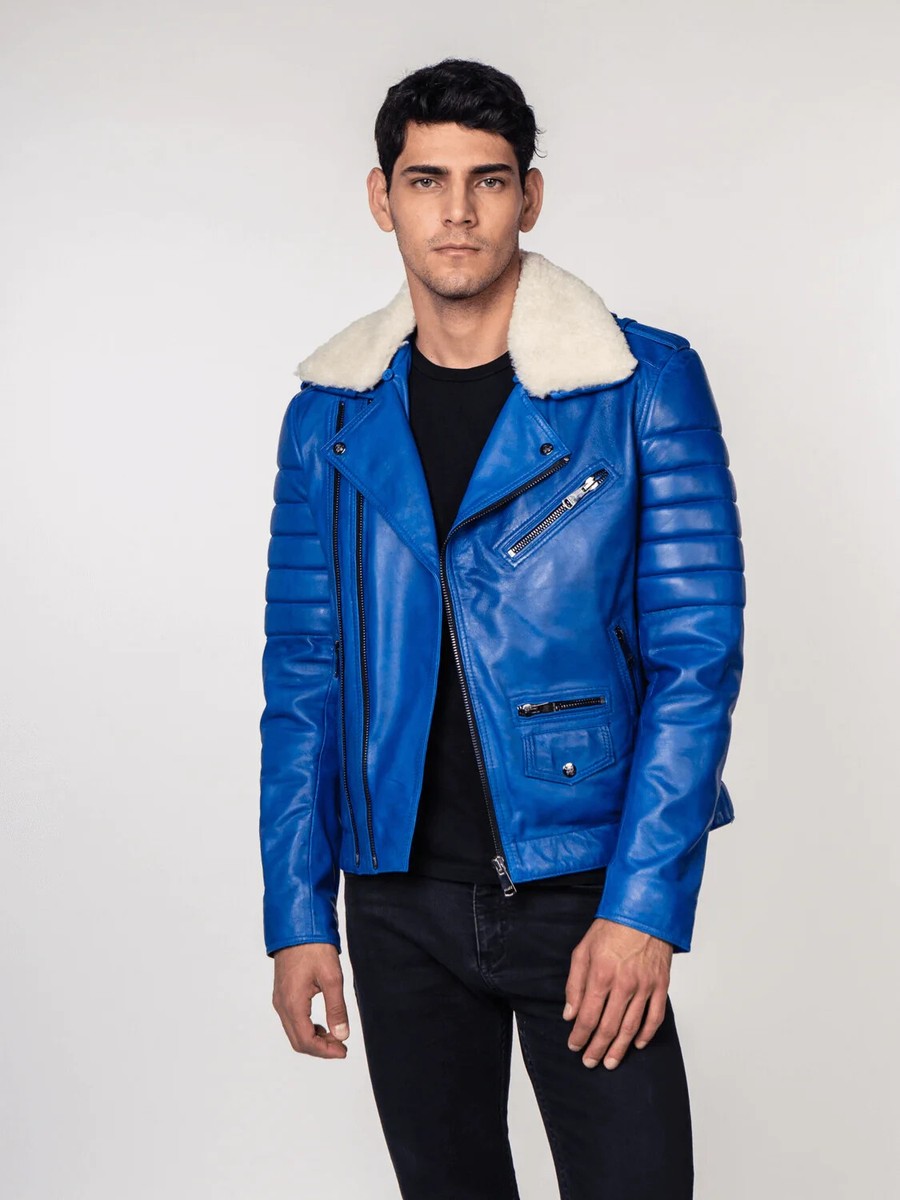 LADC Paris Perfecto Blue Leather Jacket With Fur Collar LADC Paris Perfecto Blue Leather Jacket With Fur Collar