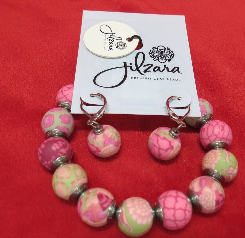 Jilzara Bracelet and Earrings, Berry, Premium Clay Beads with gift bag